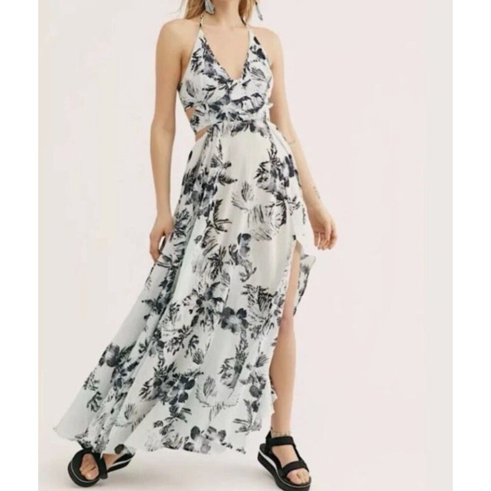 Free People Lille Printed Maxi Dress Size XS Blue Celadon Tropical Floral